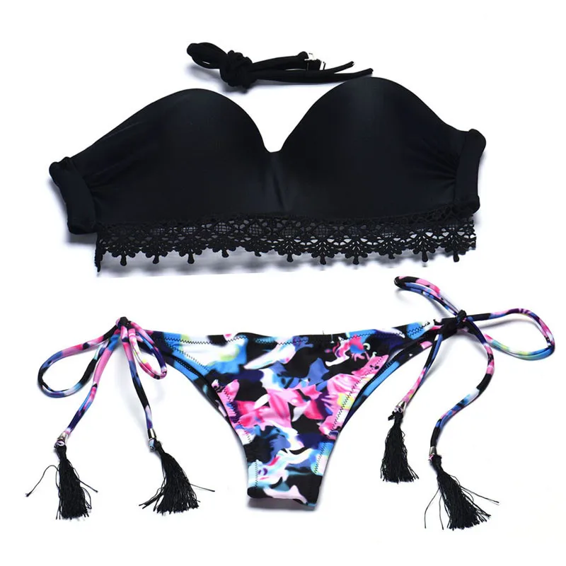 2019 Ženske Bikini Komplet Seksi Modrček Cvetlični kopalke za dekleta Push-up Kopalke Črne ženske, plavanje obleko costumi da bagno donna