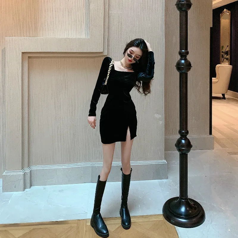 Črno Elegantno Mini Obleka Ženske Kvadratnih Ovratnik Gothic Dolg Rokav Slim Seksi Stranka Obleko Ženski enodelno Obleko korejski Jeseni leta 2020