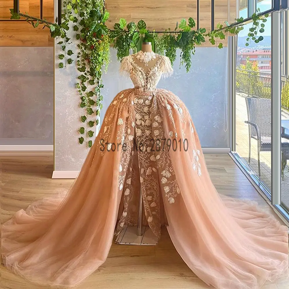 Breskev Čipke Večerne Obleke z Izmenljivem Vlak Ročno izdelane Rože Perje Iluzijo Formalno Večernih Oblek