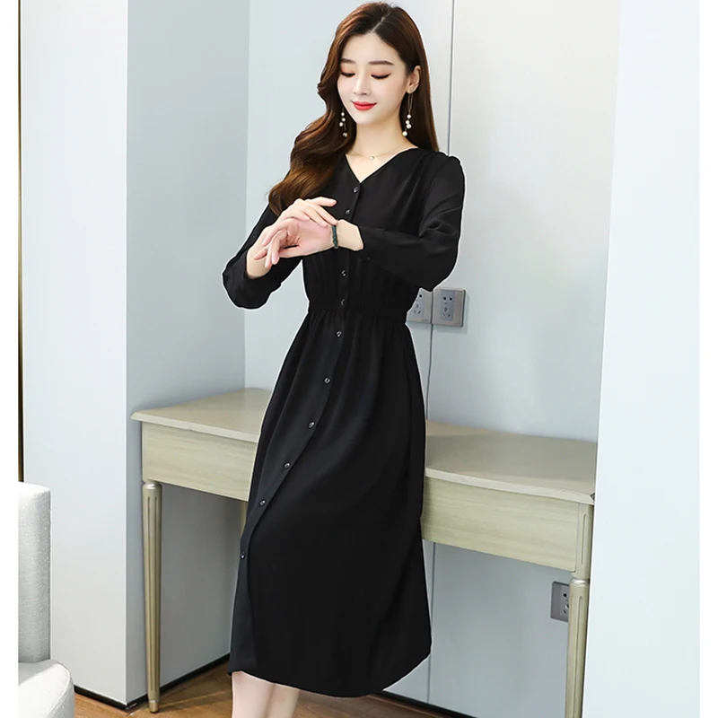 2021 Jeseni, Pozimi Letnik Ženske Obleko Maxi Plus Velikost Trdnih Urad Eleganten Dolg Rokav Obleka Priložnostne Stranka Black Bodycon Vestidos