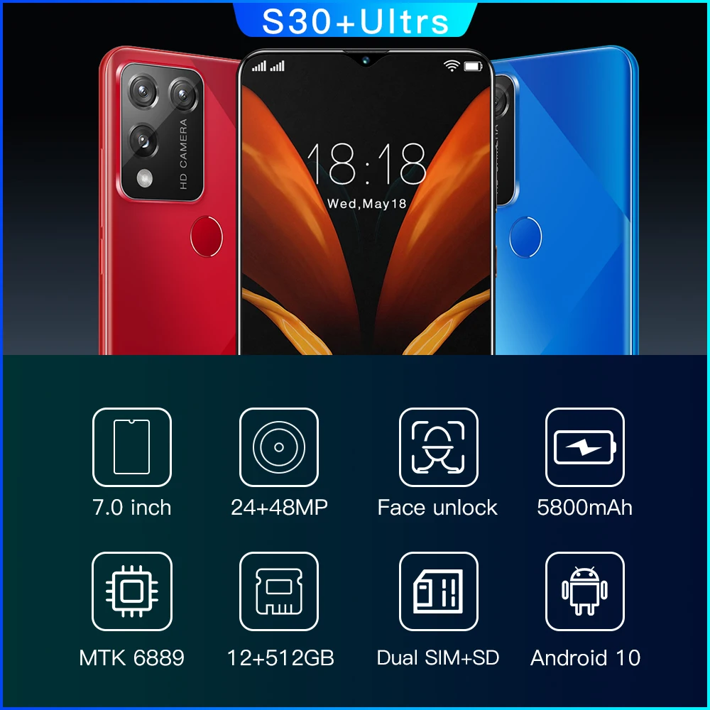 S30+Ultra Globalna različica 7.0 palčni Pametni Android 10 Mobilephone Dual SIM 5800mAh Deca Pametni jedro