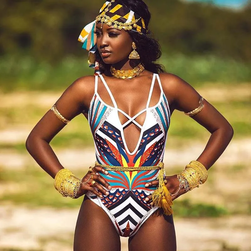 2020 Nov Afriški Stil Monokini Tiskanja En Kos Kopalke Ženske High Cut Out Kopalke Enodelne Potopite Plavati Trikini Kopalke