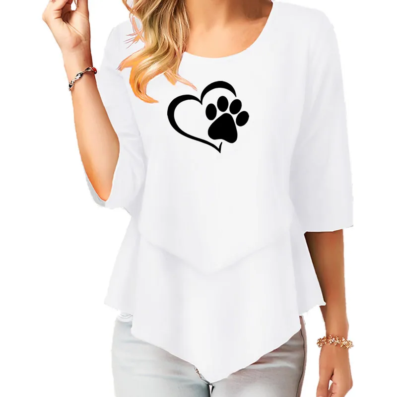 2021 Modni Pes Šapa Natisniti T-Shirt Žensk O-vratu Bombaž Vrhovi Pol Rokav Novih Nezakonitih Srčkan Tiskanje Femal Majica za Ženske