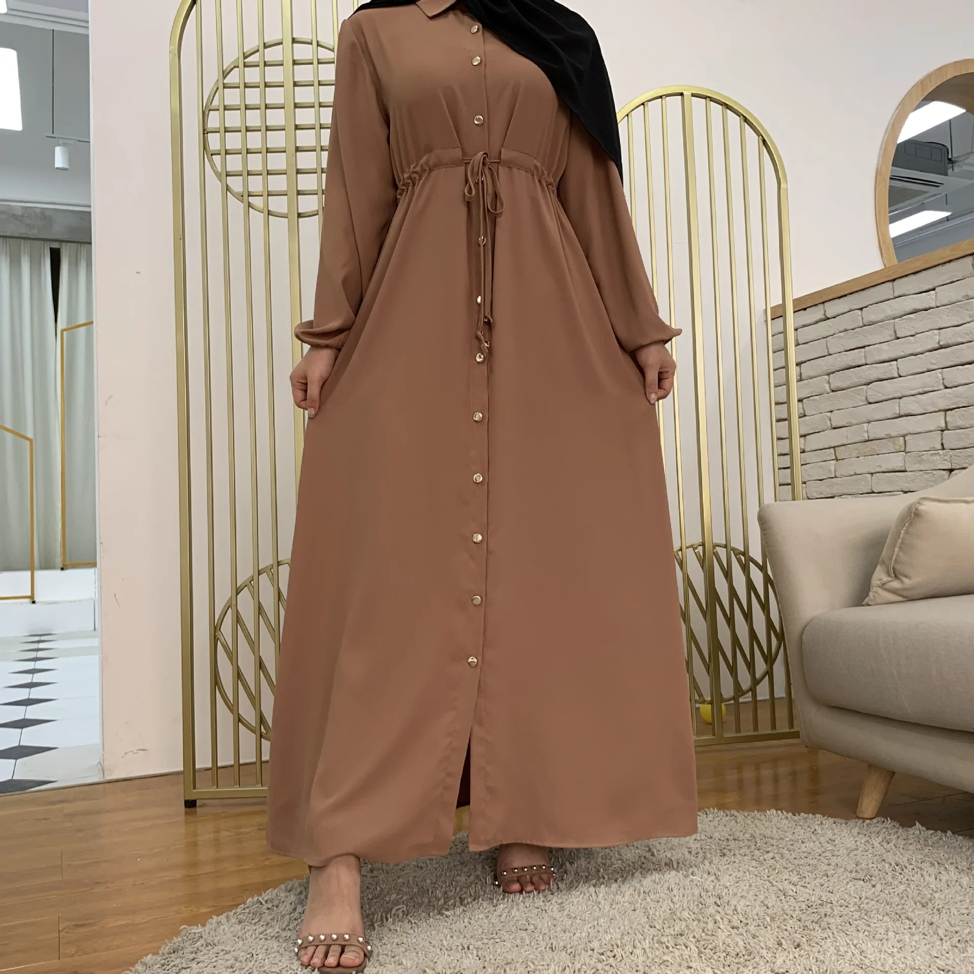 WEPBEL Barva Polno Gumb Slim Obleko Nov Modni Muslimanskih Abaya Obleko z Dolgimi Rokavi Visoko Pasu pa Dol Vratu