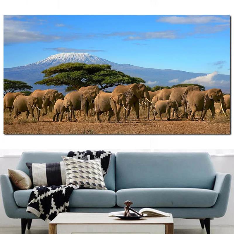 Čreda slonov Drevo Kilimandžaro Keniji Divje Živali Platno Slikarstvo Plakatov in Fotografij Wall Art Slike Za dnevno Sobo
