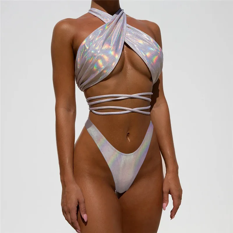 Ženske Sijoče Povodcem Bikini Komplet Push-Up Oblazinjeni Kopalke Križ Povoj Kopalke Seksi Visoko Pasu Tangice Kopanje Plažo Brazilski