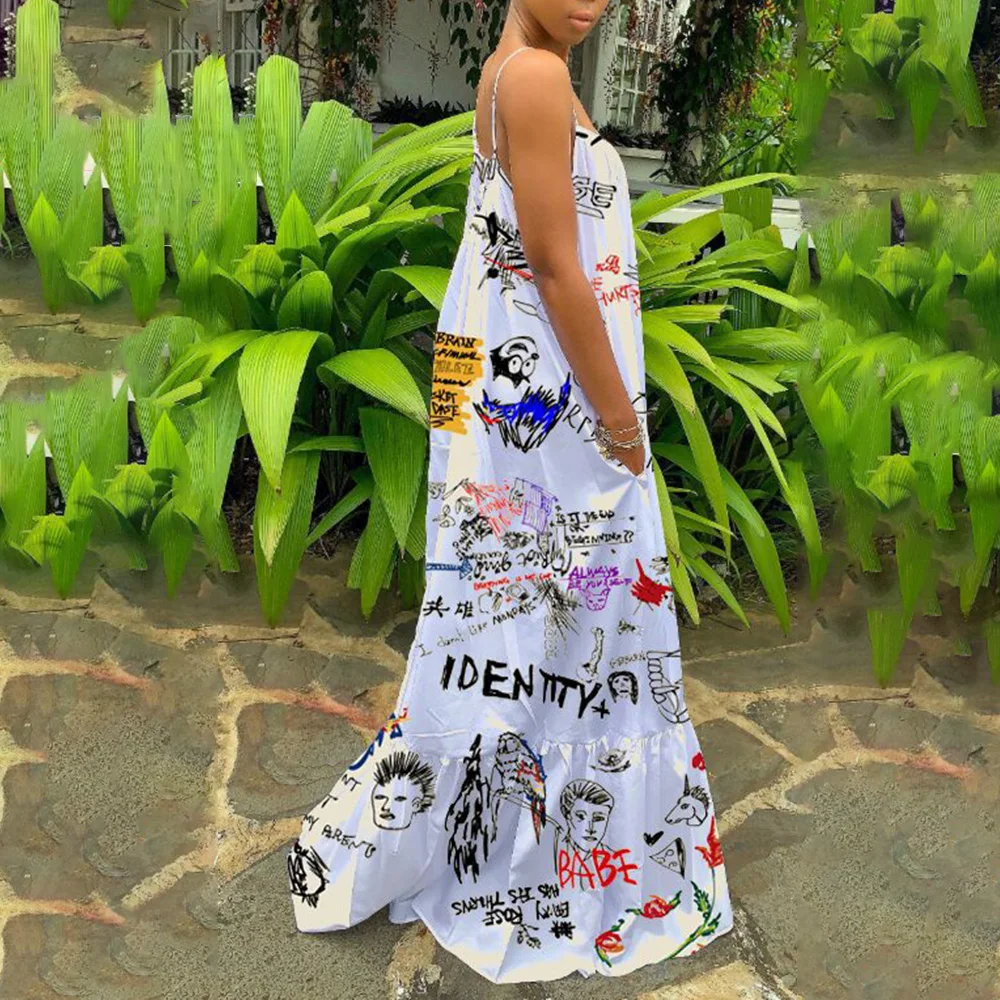 Bela Seksi Plaži Maxi Obleka Ženske Pismo Tiskanja Priložnostne 2XL Svoboden Potovanja, Počitnice Moda Haljo Eleganten Poletje Dolge Obleke do leta 2020