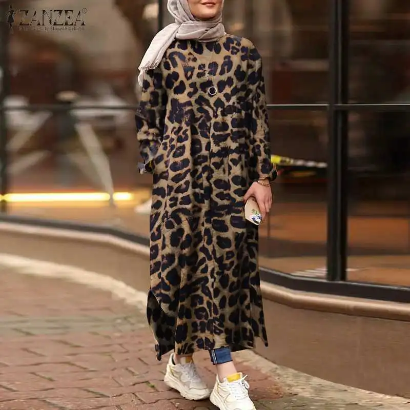 Moda Leopard Tiskana Obleka Ženske Jeseni Sundress ZANZEA 2021 Priložnostne Dolg Rokav Muslimanskih Vestidos Ženski Split Haljo Plus Velikost