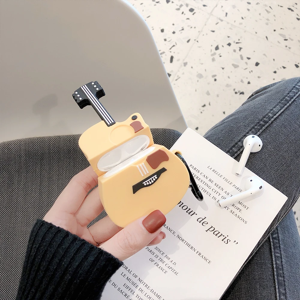 3D Kitara Slušalke Primeru za Airpods 1 2 Primera Srčkan Silikona, Risanka Earpods Cover za Apple Air Stroki 2 1 Primeru z Keychain
