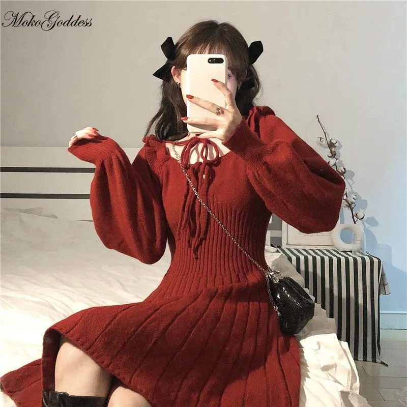 Sladko Pleteno Obleko Ženske Zimske Elegantno Kawaii Mini Obleka Ženska Japonski Slog Korejska Stranka Obleko Božične Obleke, Ženske 2021