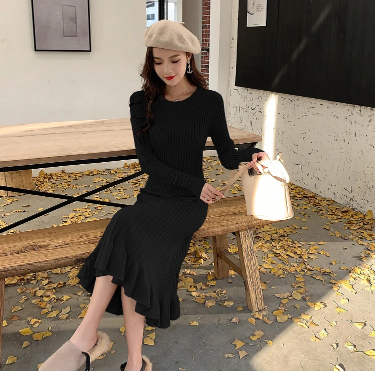 Ženska Pletenje Obleko 2020 Jeseni, Pozimi Moda O-Vratu Dolg Rokav Elastična Ženske Ruffles A-Line Midi Obleke D09510K