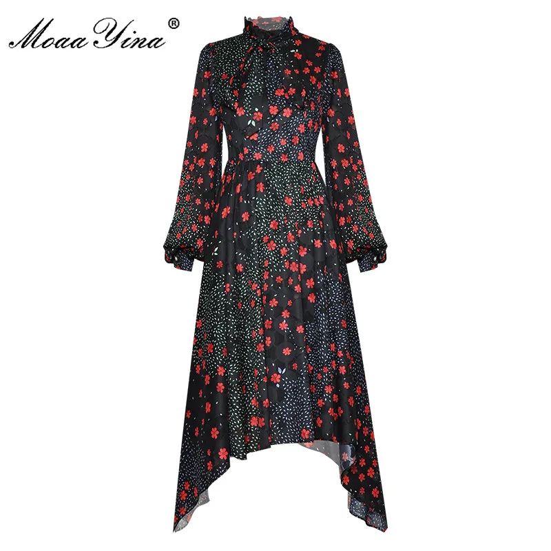 MoaaYina Modni Oblikovalec obleko Jeseni Ženske Obleka Luč Rokav Cvjetnim Tiskanja Vintage Obleke Asimetrični