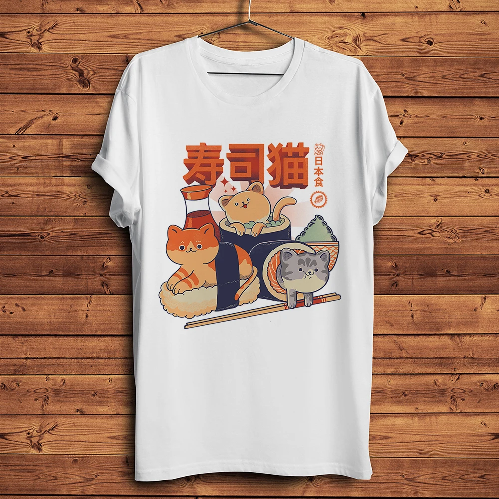 Japonska kuhinja kawaii mačke suši smešno majica s kratkimi rokavi moški poletje nova bela casual men kul tshirt luštna mačka ulične tee