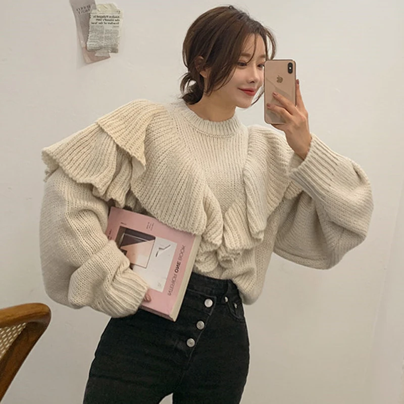 YAMDI korejski vzletno-pristajalne steze pulover ženske jeseni, pozimi do leta 2020 o vratu trdna elegantna moda svoboden pollover debele pletene džemper ženske ruffle