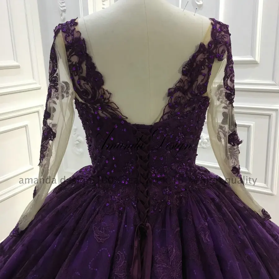 Neverjetno high-end poročno obleko vijolične čipke poročno obleko dolgo vlak poročne poročno obleko