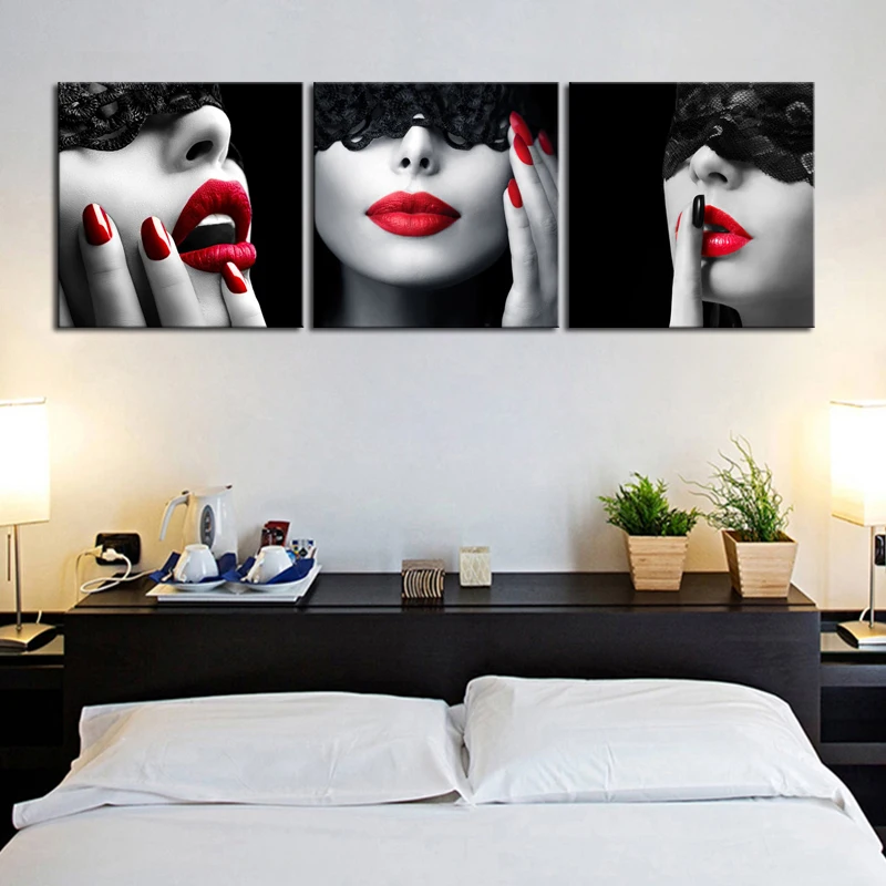 3 Kos Platno Umetniške grafike Rdeče Ustnice Slike Črna Bela Rdeča Platno Umetnosti Seksi Žensk Telesa Nordijska Plakat in tiskanje Sodobne Platno