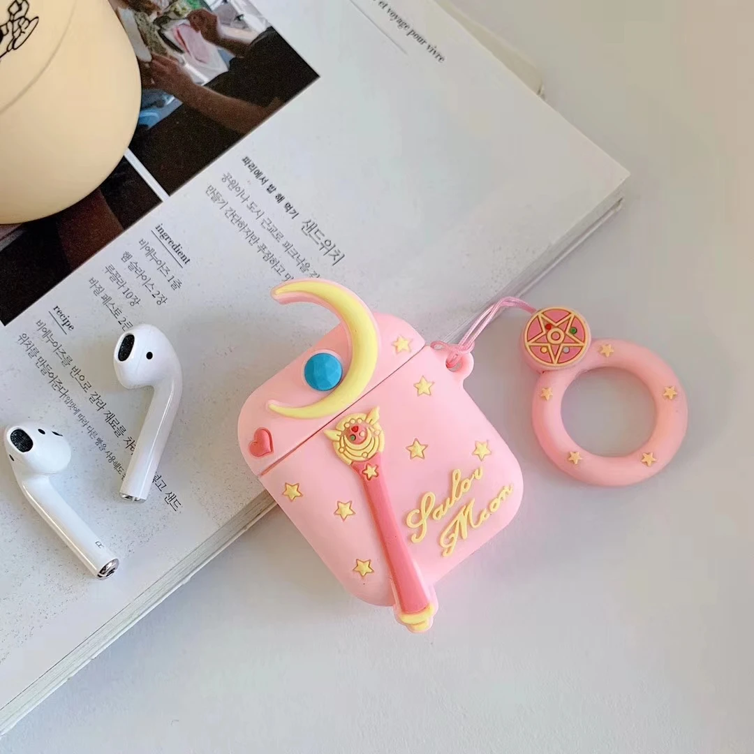 Za AirPods Primeru Luštna 3D Sailor Moon Slušalke Primeru Silikonski Srčkan Cover za Apple Airpods Primeru Earpods Prst Prstan Trak