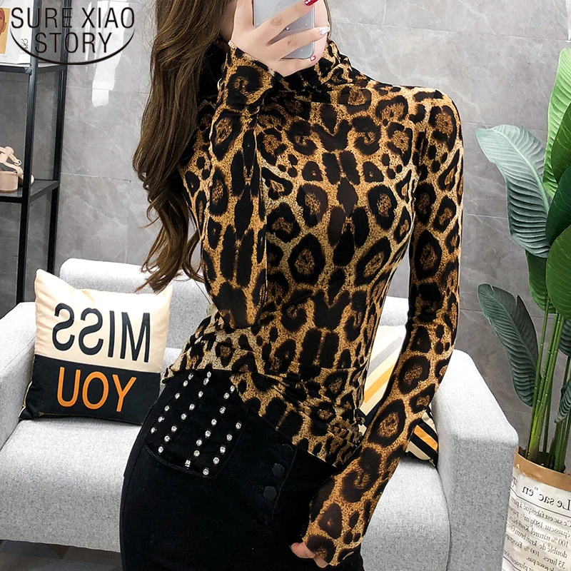 Nova Plus Velikost Vrhovi Moda za Ženske, Dolg Rokav Leopard Majica Turtleneck Majica Lady OL Stranka Vrhovi Ulične Blusas Elegante Chic