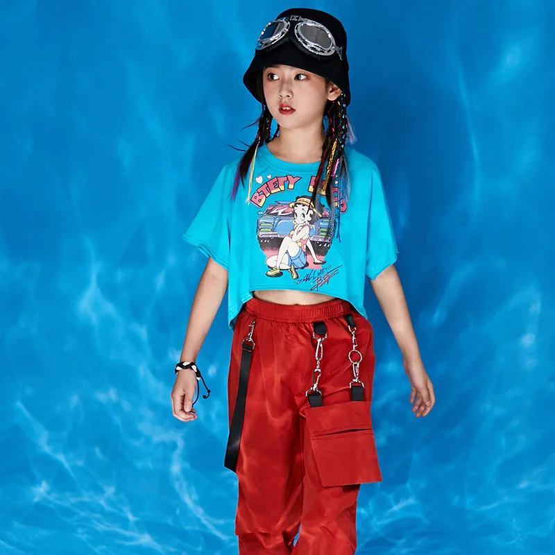 Otrok Svež Hip Hop Oblačila Print Crop Zgornji del Majica Ulične Verige Taktično Tovora Hlače za Dekleta, Jazz Ples, Oblačila Kostum