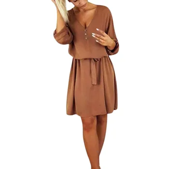 Ženske vsakodnevno casual wear ženske obleke tkanino Proti-vrat z gumb pas dekoracijo mid-sleeved Kolena obleka