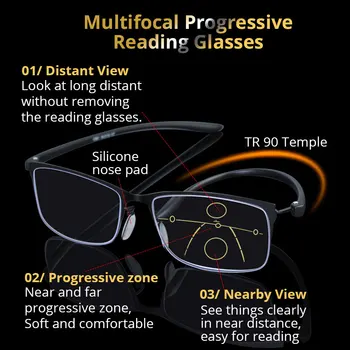 Multifokalna Moških Branje Očala Postopno Bifocal Anti Blue Ray Kovinski Pol Okvir Presbyopia Očala Ženske Tr90 Gafas 1.0 1.5