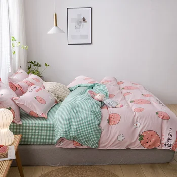 Denisroom Risanka Jagode posteljno perilo srčkan posteljnine komplet roza rjuhe kritje kompleti za dekleta, kralj, kraljica velikosti RE71*