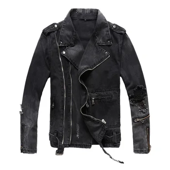 Nove Moške moški modni priložnostne zadrge black denim jean biker jacket za motorno kolo Letnik epaulet luknje raztrgala stiski plašč