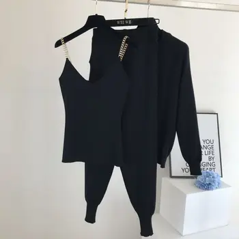 Moda za Ženske bo ustrezala 2020 jeseni nov izdelek Priložnostne sladko temperament verige telovnik pleteni jakna + tri-kos elastične hlače
