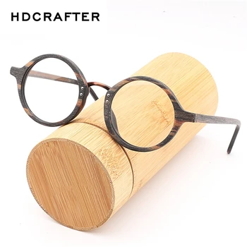 HDCRAFTER Vintage Retro Okrogle Očala Okvirji Lesa Recept Kratkovidnost Očala Z Jasno Objektiv Lesene Obravnavi Očala Okvir