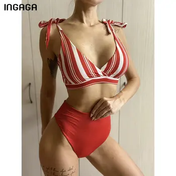 INGAGA Visoko Pasu Bikini Kopalke 2021 Kopalke Ženske Vrh Zaviti Biquini Plažo Trak Lok Kopalne Obleke Prugasta Bikini Komplet