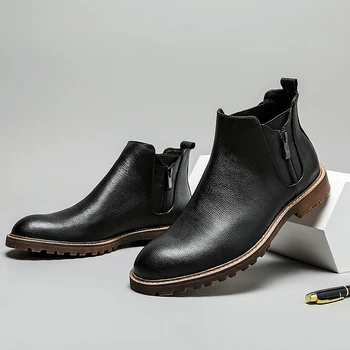 Moški zimski Škornji Pristen krava usnje chelsea škornji brogue priložnostne gleženj ravno čevlji Udobno kakovosti čipke obleko, čevlji 2020