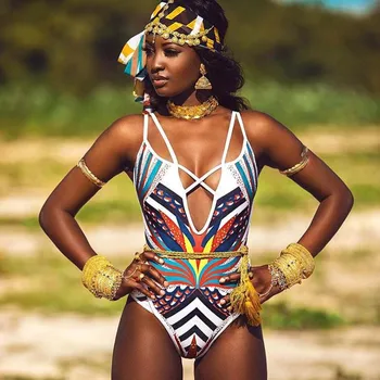 2020 Nov Afriški Stil Monokini Tiskanja En Kos Kopalke Ženske High Cut Out Kopalke Enodelne Potopite Plavati Trikini Kopalke