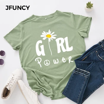 JFUNCY Plus Velikost Ženske majice Ženski Kratek Rokav Tee Vrhovi Dekle Moč Tiskanja Ženska Priložnostne Tshirt 2020 Poletje Bombaž Majica s kratkimi rokavi