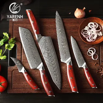 YARENH 5 Kos Kuhinjski Nož Set Japonska Pripomoček 67 Plasti Damask Kuhar Nož Professional Kuhanje Orodja Cleaver Palisander Ročaj