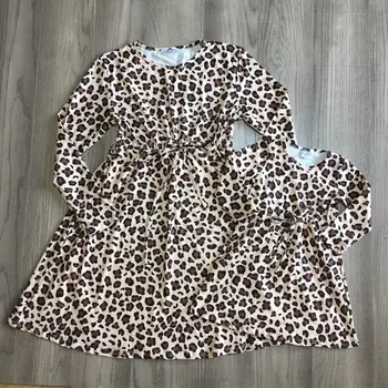 Girlymax mama me baby obleko dekle leopard tiskanja obleko mamica in hčerka jeseni obleko