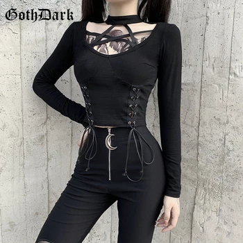 Goth Temno Povoj Iz Votlih Spredaj Gothic T-majice Črne Grunge Mozaik Bodycon T-majica Za Ženske z Dolgimi Rokavi Ulične 2020