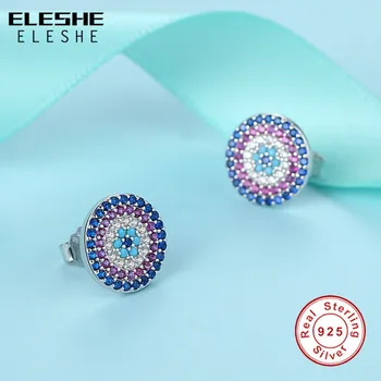 ELESHE Modra Kristal Srečne Oči Stud Uhan za Ženske Multi-barvni Krog turški Zlo Oko Uhani 925 Sterling Srebrni Nakit