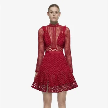 YiLin Kay High-end meri ženska stranka obleke seksi žensk 2019 autum modni stezi slog votlih iz rdeče čipke obleko