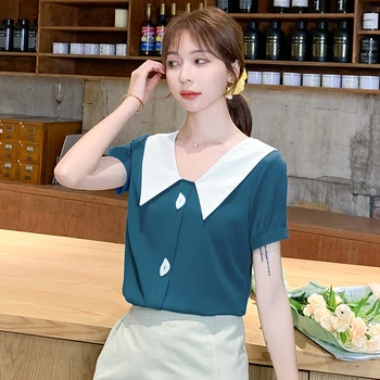 2021 Barva Preplete Korejski Kratek Rokav Šifon Bluzo Ženske Blusas Mujer De Moda Sladko Dame Vrhovi Oblačila 9094 50