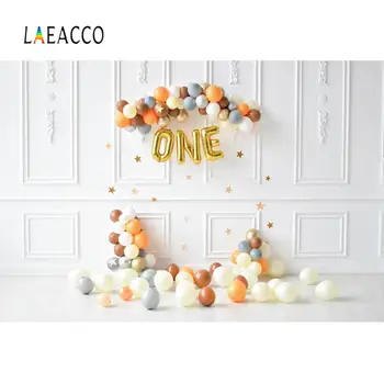 Laeacco Happy Baby je 1. Rojstni dan Sivo Elegantna Stenska Baloni Praznovanje Družine Ustrelil Fotografijo Ozadja Fotografija Ozadje