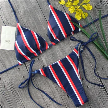 2019 NOVA Ženska Push-up Bikini Komplet Prugasta Povodcem Oblazinjeni Povoj Kopalke, Kopalke Povoj Plažo Blue