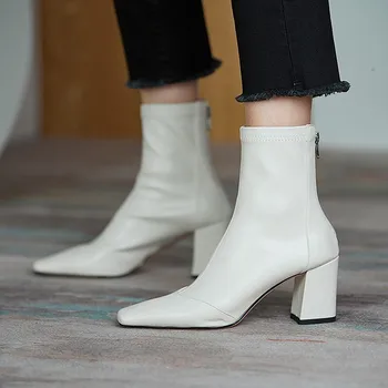 Škornji Ženske Usnjene Čevlje 2020 Pozimi Zapatos Par Mujer Visoke Pete, Škornji Priložnostne Lady Kvadratni Toe Ženske Škornji Nova