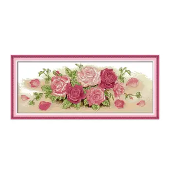 Rožnate vrtnice, (2) navzkrižno šiv kit cvet 14ct tiskane tkanine, platno, šivanje, vezenje DIY ročno needlework