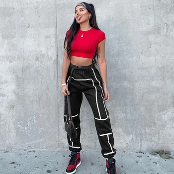 Odsevne Trakove Black Visoko Pasu Tovora Hlače Ženske Sodijo 2019 Moda Ulične Joggers Sweatpants Hlače