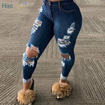 HAOYUAN Seksi Plus Velikost Luknjo Modni Jeans Tassel Votlih Sodijo Oblačila Elastična Visoko Pasu Denim Prevelik Klub Womens Hlače Jeans