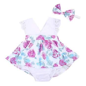 Za malčke Baby Otroci, Dekleta Obleke Cvet Natisnjeni Romper Obleko +Glavo Oblačila 2PCS baby girl obleke princess čipke romper