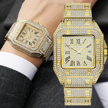 Kvadratni Diamond Moški Gledajo Luxury Gold Ledeni Iz Pazi Velike Izbiranje Quartz Poslovnih Zapestje Gledati Hip Hop Moška Ura Relogio Masculino