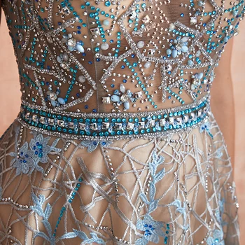 Romantični Modro Večerno Obleko Dolgo Formalne Linije Vratu O Iluzija Kroglice Vezenje Dubaj Ročno Prom Stranka Obleke Vestidos SQS67360