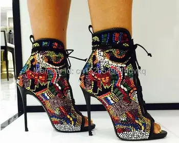Moda Kristalno Zajeti Strip Open Toe Škorenjčki Čipke Visokih Petah Poletni Sandali, Škornji Multicolor Diamond Seksi Dame Stiletto