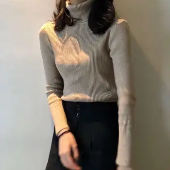 2020 različico trim z visokim vratom dolgo sleeved dnu tanek pulover pleten žensk Trend